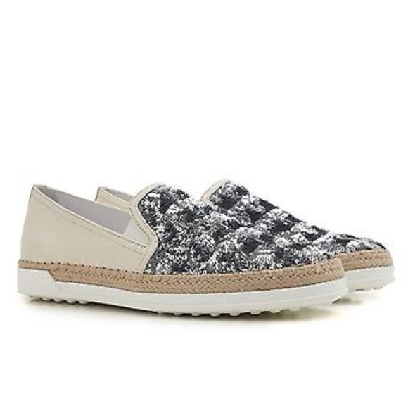 Tod's Shoes - Tod's Cream Leather Silver Sequin Embellished Espadrille Loafers Size 37/7